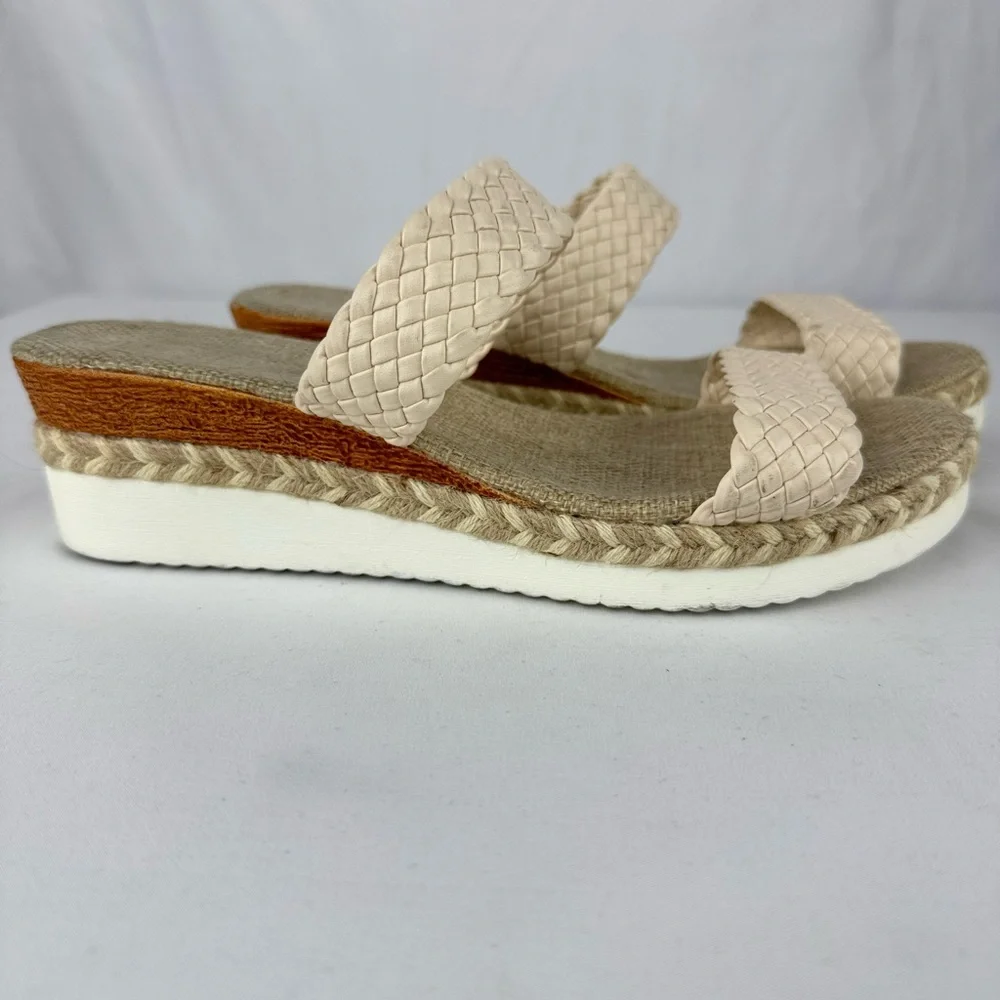 Temu Brand Cream Wedge Espadrille Sandals with Wide Woven Strap